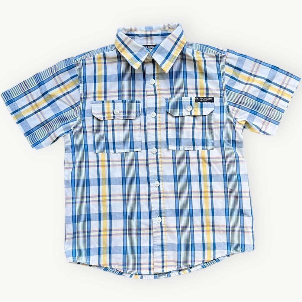 U.S. Polo Assn. Boys Kids Short Sleeve Blue Plaid Button Up Collared Shirt. 7.